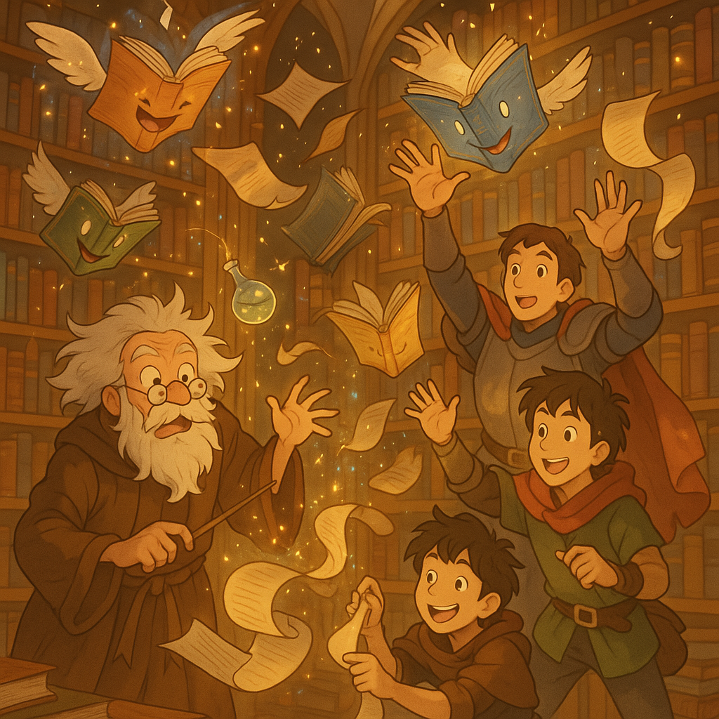 A wizard and adventurers in a library with flying books.