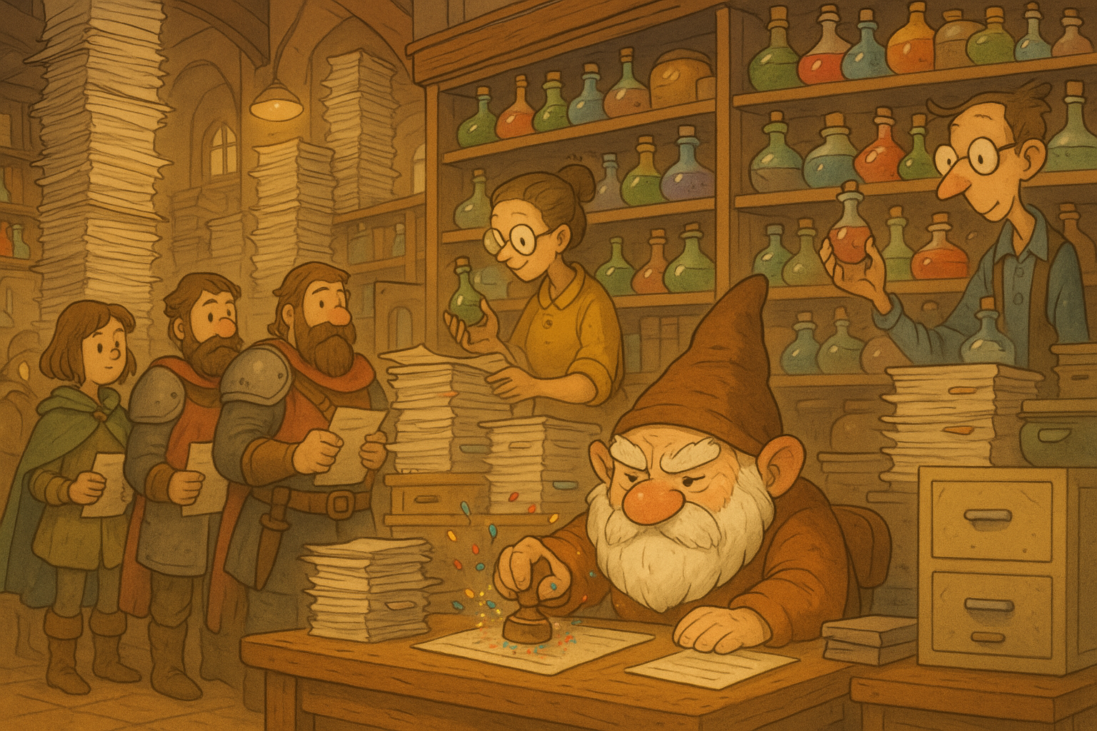 A busy, bureaucratic office filled with gnomes and stacks of paper.