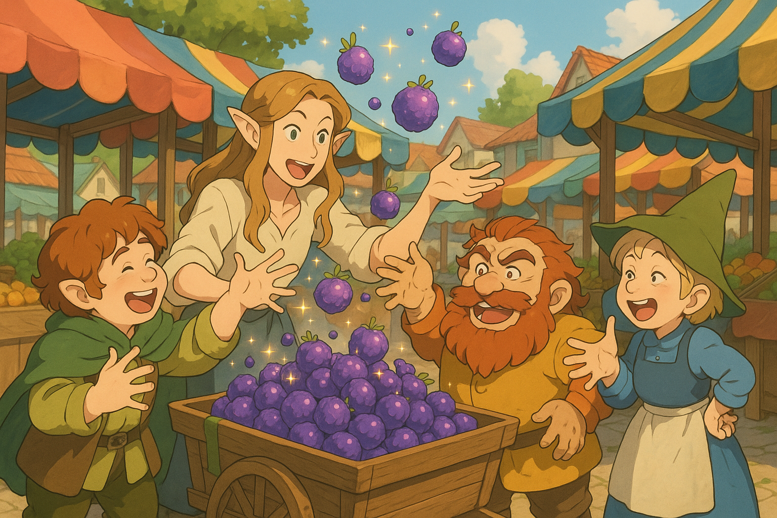 Villagers happily trading giggleberries in a market square.