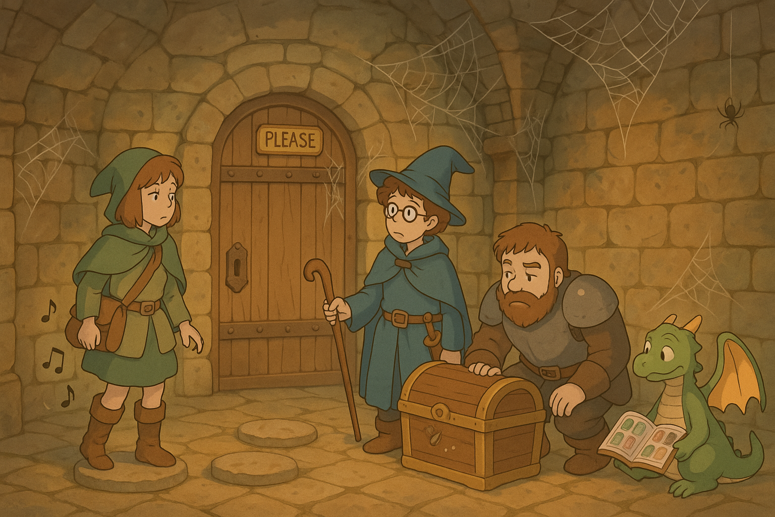 Adventurers in a quirky dungeon with a friendly dragon and a door that says 'Please'.