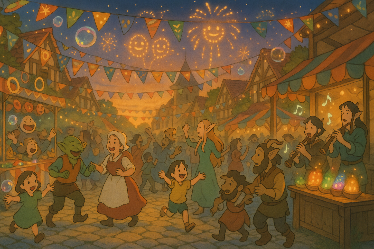 A lively town festival at dusk with dancing and fireworks.