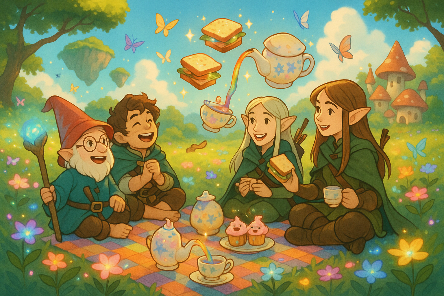 A whimsical picnic with friends in a vibrant fantasy world.